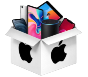 Surprise Apple box containing an iPhone, AirPods, and various brand accessories